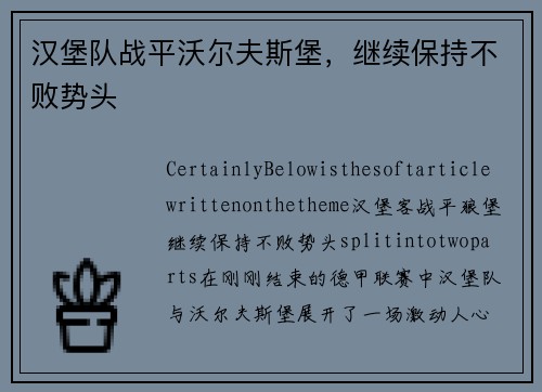 汉堡队战平沃尔夫斯堡，继续保持不败势头