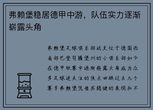 弗赖堡稳居德甲中游，队伍实力逐渐崭露头角