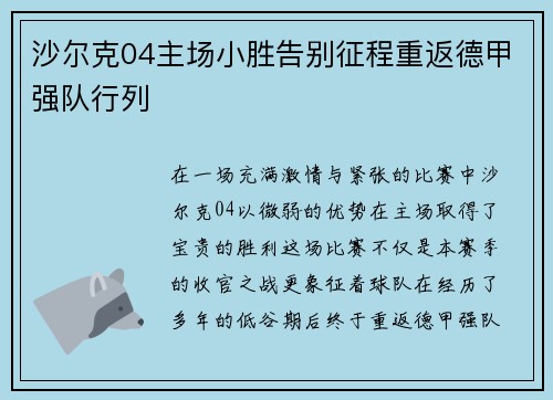 沙尔克04主场小胜告别征程重返德甲强队行列