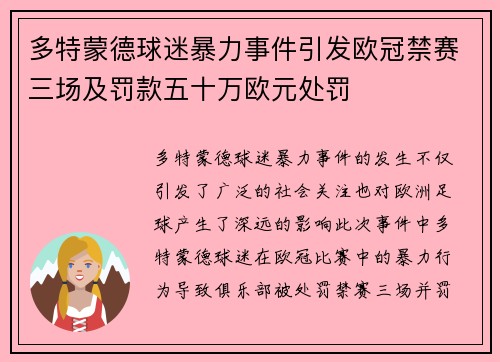 多特蒙德球迷暴力事件引发欧冠禁赛三场及罚款五十万欧元处罚