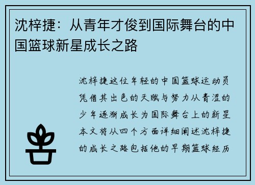 沈梓捷：从青年才俊到国际舞台的中国篮球新星成长之路