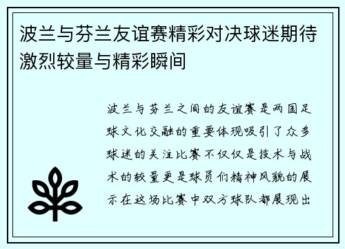 波兰与芬兰友谊赛精彩对决球迷期待激烈较量与精彩瞬间