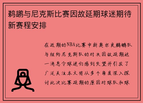 鹈鹕与尼克斯比赛因故延期球迷期待新赛程安排
