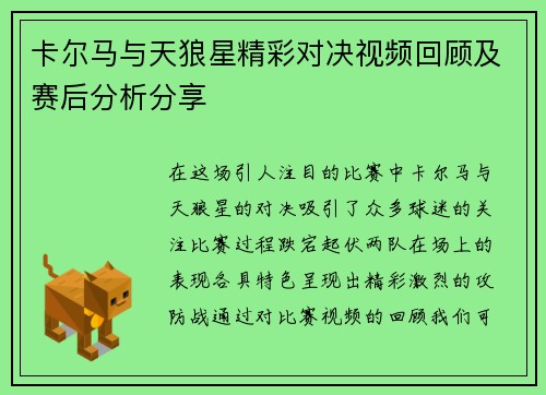 卡尔马与天狼星精彩对决视频回顾及赛后分析分享