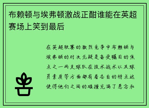 布赖顿与埃弗顿激战正酣谁能在英超赛场上笑到最后