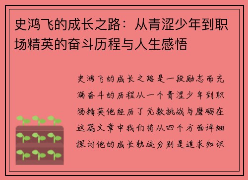 史鸿飞的成长之路：从青涩少年到职场精英的奋斗历程与人生感悟