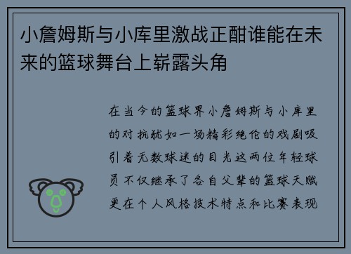 小詹姆斯与小库里激战正酣谁能在未来的篮球舞台上崭露头角