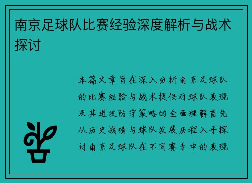 南京足球队比赛经验深度解析与战术探讨